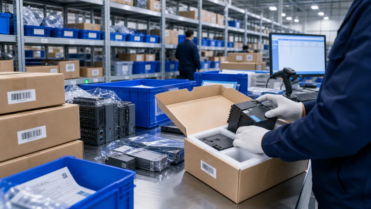 Industrial automation parts warehouse packing and export preparation